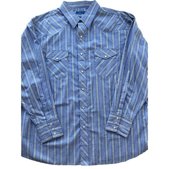 Vtg Western Shirt Wrangler Cowboy Pearl Snap Chambray Blue Striped Mens XXL 2XL - Picture 2 of 11
